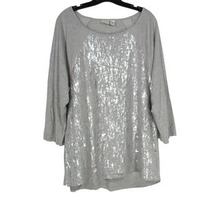 CHICO'S Heather Gray SILVER METALLIC FRONT Sheer Trim BLOUSE/TUNIC TOP 3-US/XL